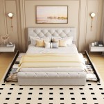 Upholstered Platform bed with Four Drawers, Antique Curved Headboard, Linen Fabric