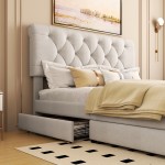 Upholstered Platform bed with Four Drawers, Antique Curved Headboard, Linen Fabric