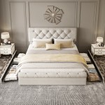 Upholstered Platform bed with Four Drawers, Antique Curved Headboard, Linen Fabric