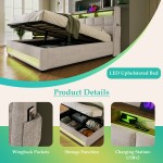 Upholstered Platform bed with a Hydraulic Storage System, LED and USB Charging