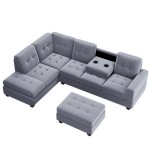 Modern Sectional Sofa with Reversible Chaise, L Shaped Couch Set with Storage Ottoman and Two Cup Holders for Living Room