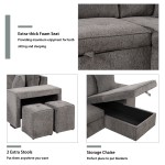 104" Modern L-Shape 3 Seat Reversible Sectional Couch, Pull Out Sleeper Sofa with Storage Chaise and 2 Stools for Living Room Furniture Set