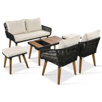 6-Piece Rope Patio Furniture Set, Outdoor Furniture with Acacia Wood Cool Bar Table with Ice Bucket , Deep Seat Patio Conversation Set with Two Stools for Backyard Porch Balcony