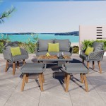 6-Piece Rope Patio Furniture Set, Outdoor Furniture with Acacia Wood Cool Bar Table with Ice Bucket , Deep Seat Patio Conversation Set with Two Stools for Backyard Porch Balcony