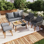 6-Piece Rope Patio Furniture Set, Outdoor Furniture with Acacia Wood Cool Bar Table with Ice Bucket , Deep Seat Patio Conversation Set with Two Stools for Backyard Porch Balcony