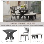 5-Piece Dining Table Set, 44" Round Dining Table with Curved Bench & Side Chairs for 4-5 People for Dining Room and Kitchen