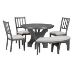 5-Piece Dining Table Set, 44" Round Dining Table with Curved Bench & Side Chairs for 4-5 People for Dining Room and Kitchen