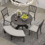 5-Piece Dining Table Set, 44" Round Dining Table with Curved Bench & Side Chairs for 4-5 People for Dining Room and Kitchen