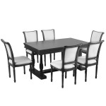 7-Piece Dining Table with 4 Trestle Base and 6 Upholstered Chairs with Slightly Curve and Ergonomic Seat Back