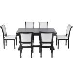 7-Piece Dining Table with 4 Trestle Base and 6 Upholstered Chairs with Slightly Curve and Ergonomic Seat Back