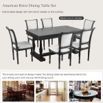 7-Piece Dining Table with 4 Trestle Base and 6 Upholstered Chairs with Slightly Curve and Ergonomic Seat Back