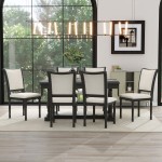 7-Piece Dining Table with 4 Trestle Base and 6 Upholstered Chairs with Slightly Curve and Ergonomic Seat Back