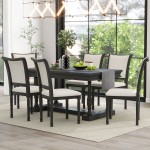 7-Piece Dining Table with 4 Trestle Base and 6 Upholstered Chairs with Slightly Curve and Ergonomic Seat Back