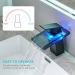 Bathroom Sink Faucet LED Light 3 Colors Changing Waterfall Glass Spout Hot Cold Water Mixer Single Handle One Hole Deck Mounted Bathroom Faucet