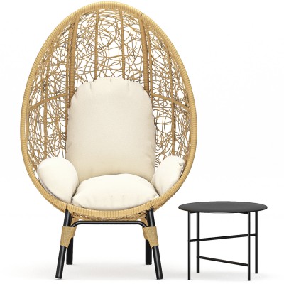 Patio PE Wicker Egg Chair Model 3 with Natural Color Rattan Beige Cushion and Side Table