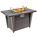 42inch Rattan Fire Pit Table with Ceramic Tile Tabletop, Glass Wind Guard and Rain cover, Lid