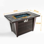 42inch Rattan Fire Pit Table with Ceramic Tile Tabletop, Glass Wind Guard and Rain cover, Lid