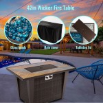 42inch Rattan Fire Pit Table with Ceramic Tile Tabletop, Glass Wind Guard and Rain cover, Lid