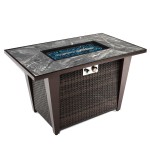 42inch Rattan Fire Pit Table with Ceramic Tile Tabletop, Glass Wind Guard and Rain cover, Lid