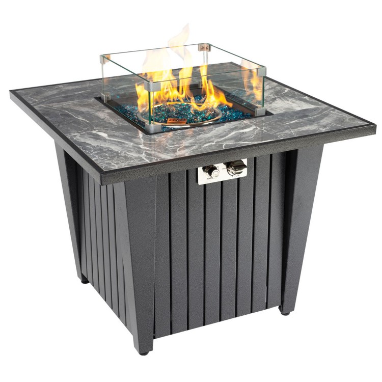 32inch Outdoor Square Propane Fire Pit Table with Blue Glass Beads, Rain Cover and Glass Wind Guard