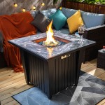 32inch Outdoor Square Propane Fire Pit Table with Blue Glass Beads, Rain Cover and Glass Wind Guard