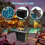 32inch Outdoor Square Propane Fire Pit Table with Blue Glass Beads, Rain Cover and Glass Wind Guard