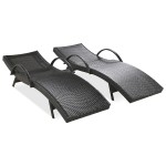 Outdoor Wicker Chaise Lounge Chairs Set of 2, Patio Rattan Reclining Chair Pull-out Side Table Adjustable Backrest Ergonomic Wave Design Pool Sunbathing Recliners