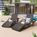 Outdoor Wicker Chaise Lounge Chairs Set of 2, Patio Rattan Reclining Chair Pull-out Side Table Adjustable Backrest Ergonomic Wave Design Pool Sunbathing Recliners