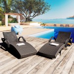 Outdoor Wicker Chaise Lounge Chairs Set of 2, Patio Rattan Reclining Chair Pull-out Side Table Adjustable Backrest Ergonomic Wave Design Pool Sunbathing Recliners