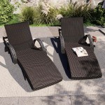 Outdoor Wicker Chaise Lounge Chairs Set of 2, Patio Rattan Reclining Chair Pull-out Side Table Adjustable Backrest Ergonomic Wave Design Pool Sunbathing Recliners