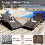 Outdoor Wicker Chaise Lounge Chairs Set of 2, Patio Rattan Reclining Chair Pull-out Side Table Adjustable Backrest Ergonomic Wave Design Pool Sunbathing Recliners