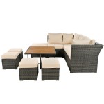 Patio Furniture Set, 10 Piece Outdoor Conversation Set, CoffeeTable with Ottomans, Solid wood coffee table